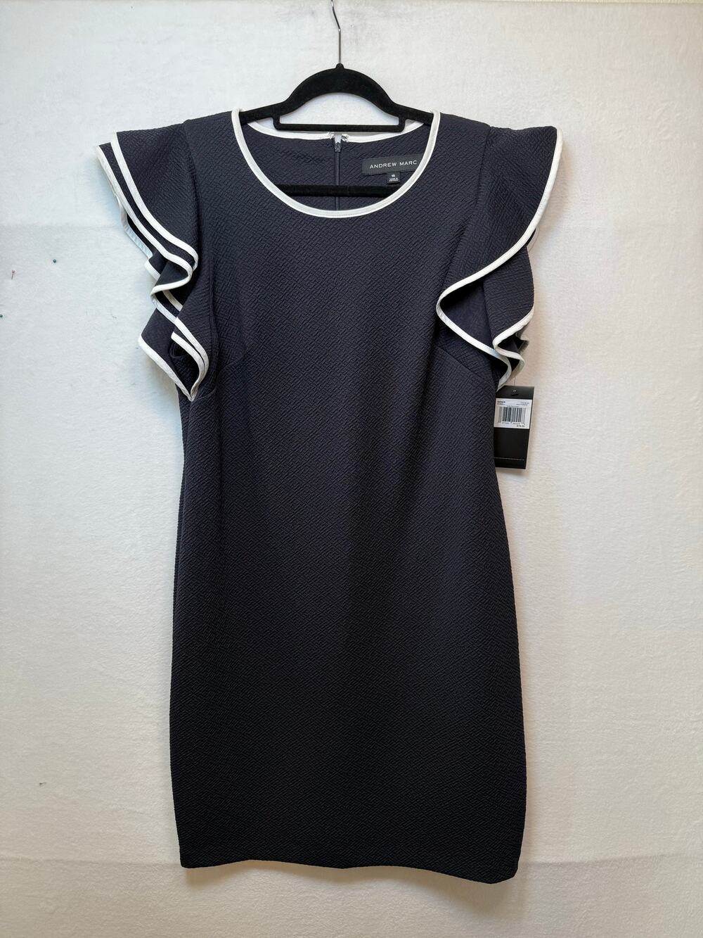 ANDREW MARC Navy Ruffle Sleeve Sheath Dress with White Trim